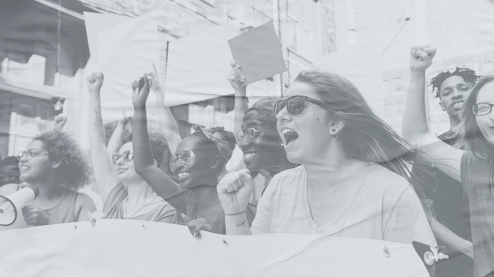 Students cheering and shouting at protest grayscale pop remix wallpaper
