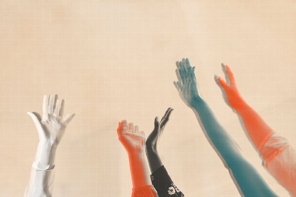 Colorful arms raising psd teamwork on beige grid remix background