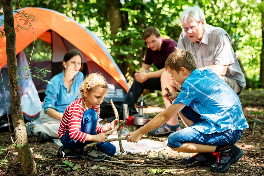 Family camping in the forest