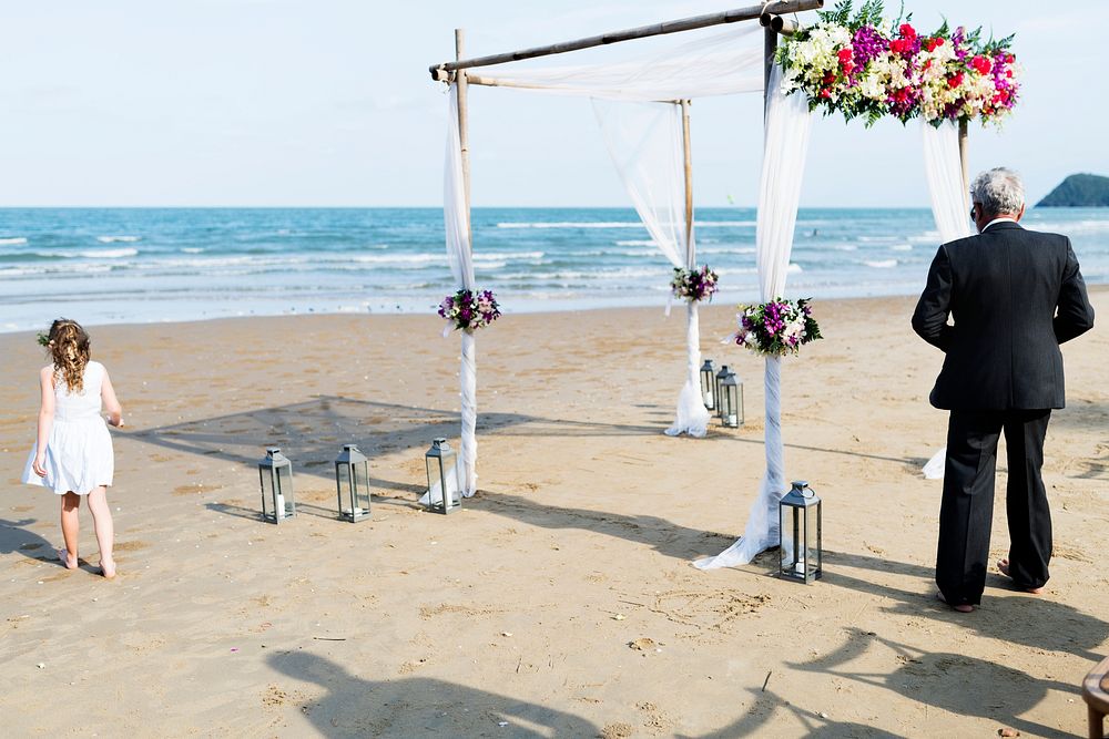 Decorated beach wedding altar