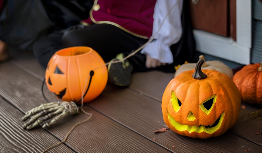 Halloween pumpkins and decorations outdoors