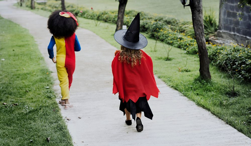 Young girls in Halloween costumes