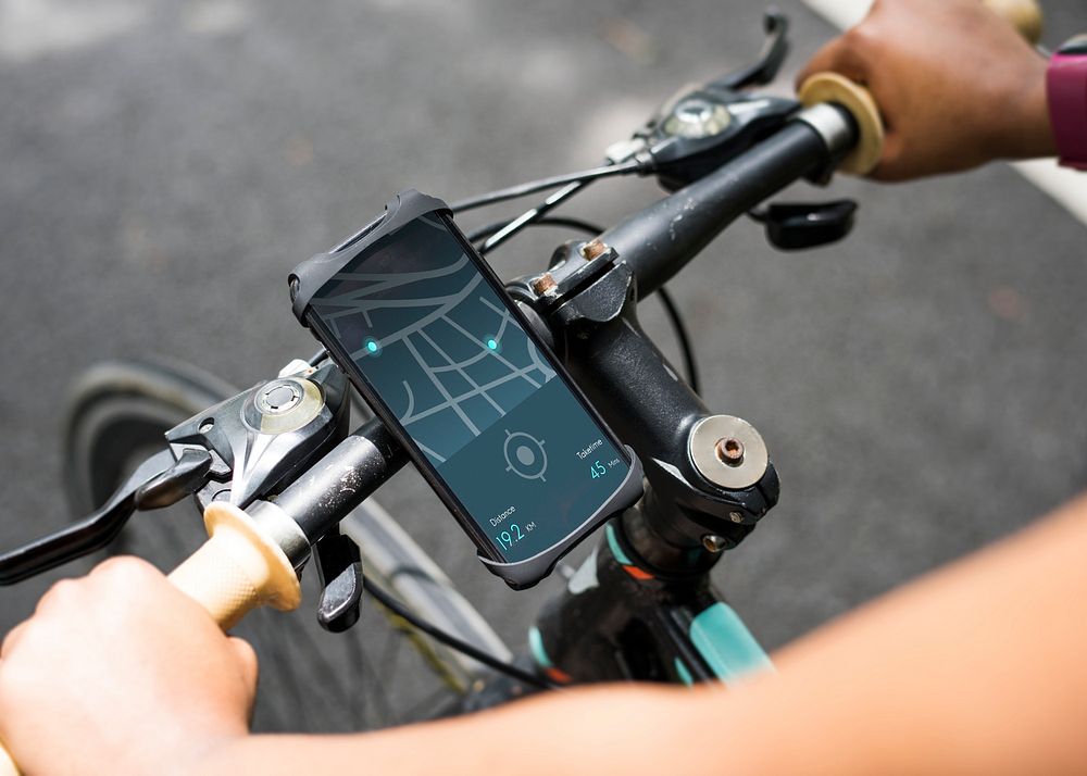 Map application on a device on a bike handle grips