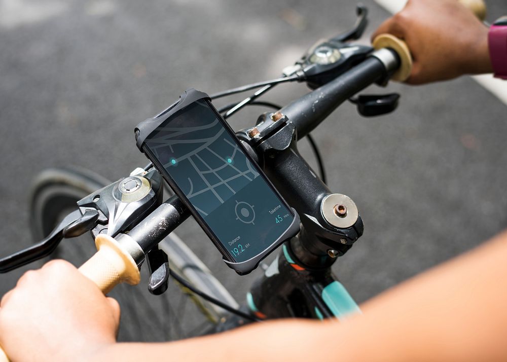 Map application on a device on a bike handle grips