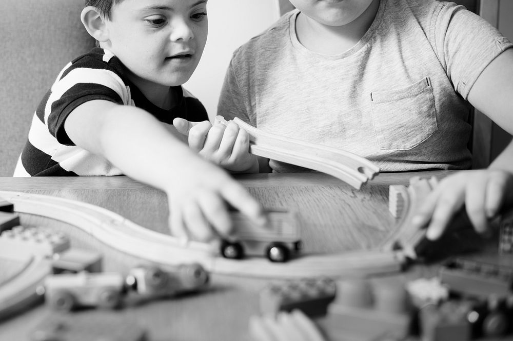 Brothers playing with blocks, trains and cars