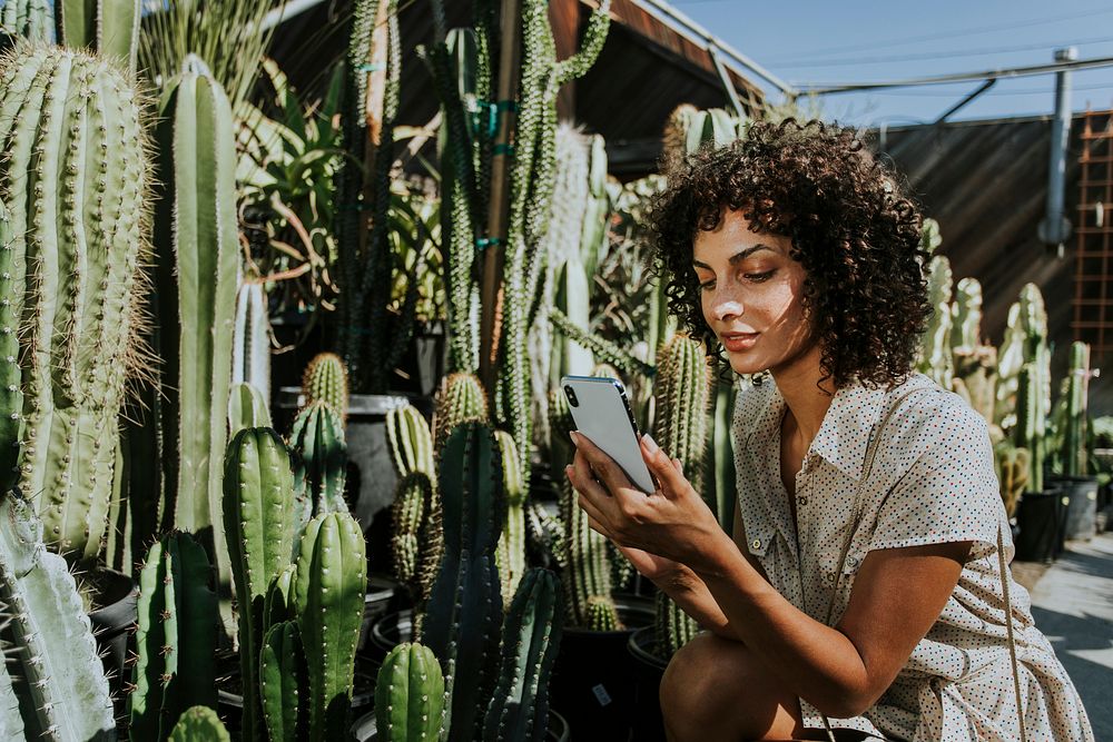 Woman taking photos of cacti at a botanical garden