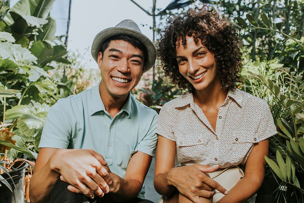 Happy friends at a botanical garden