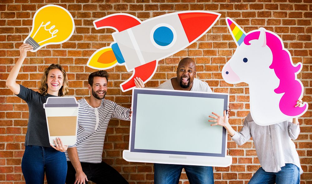 Happy diverse people with unique startup icons