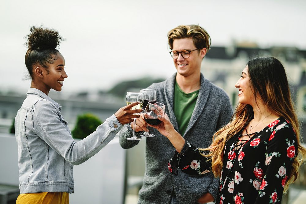 Friends toasting at a rooftop party