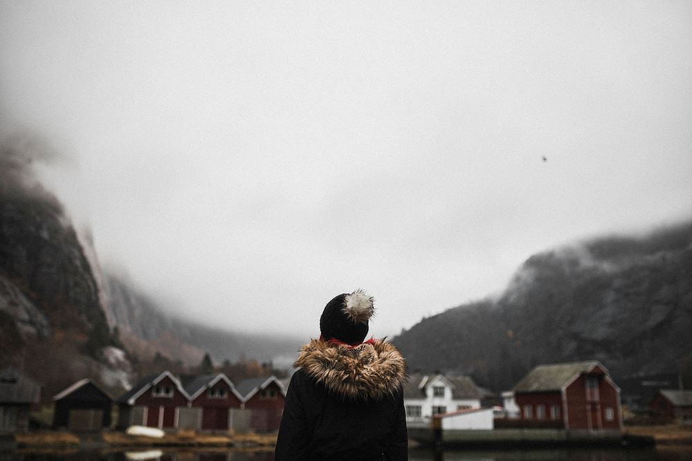 Rear view of a woman at a village in Norway