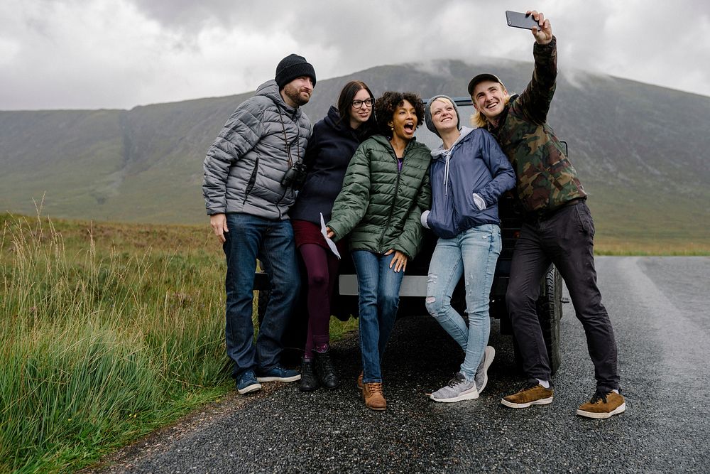 Group of friends taking a selfie at Glen Etive, Scotland