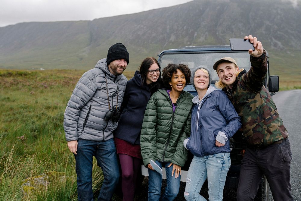 Group of friends taking a selfie at Glen Etive, Scotland