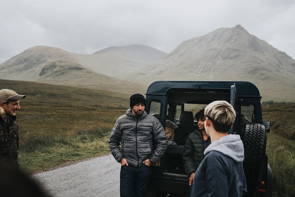 Friends on a road trip in the Highlands