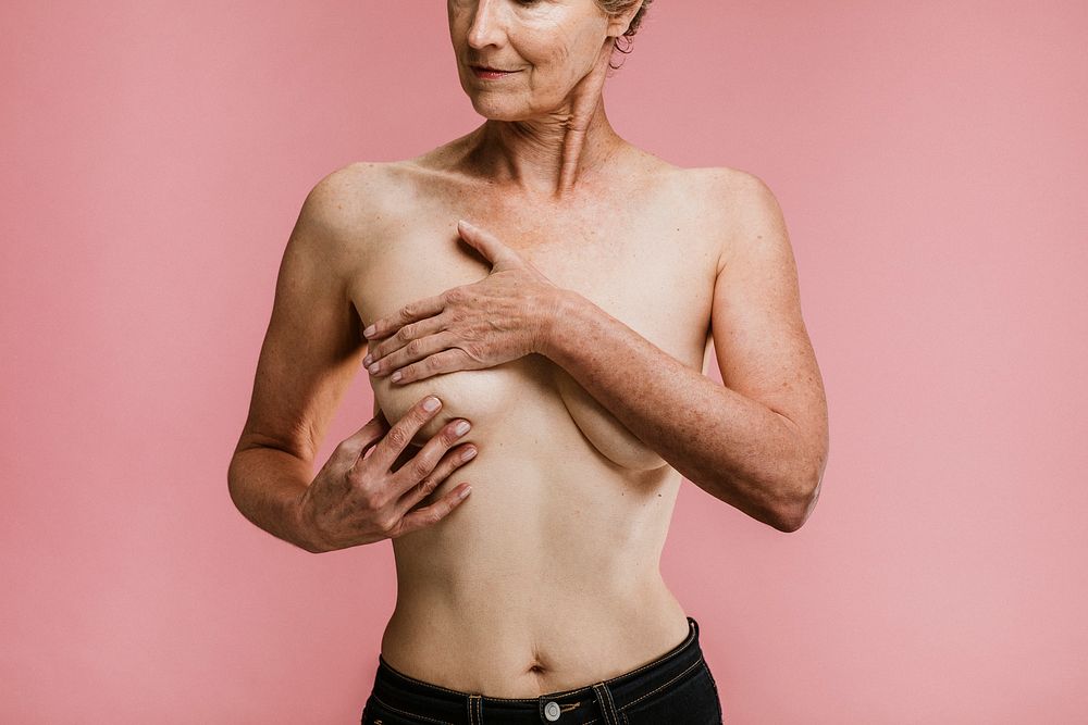 Elderly woman being aware of breast cancer