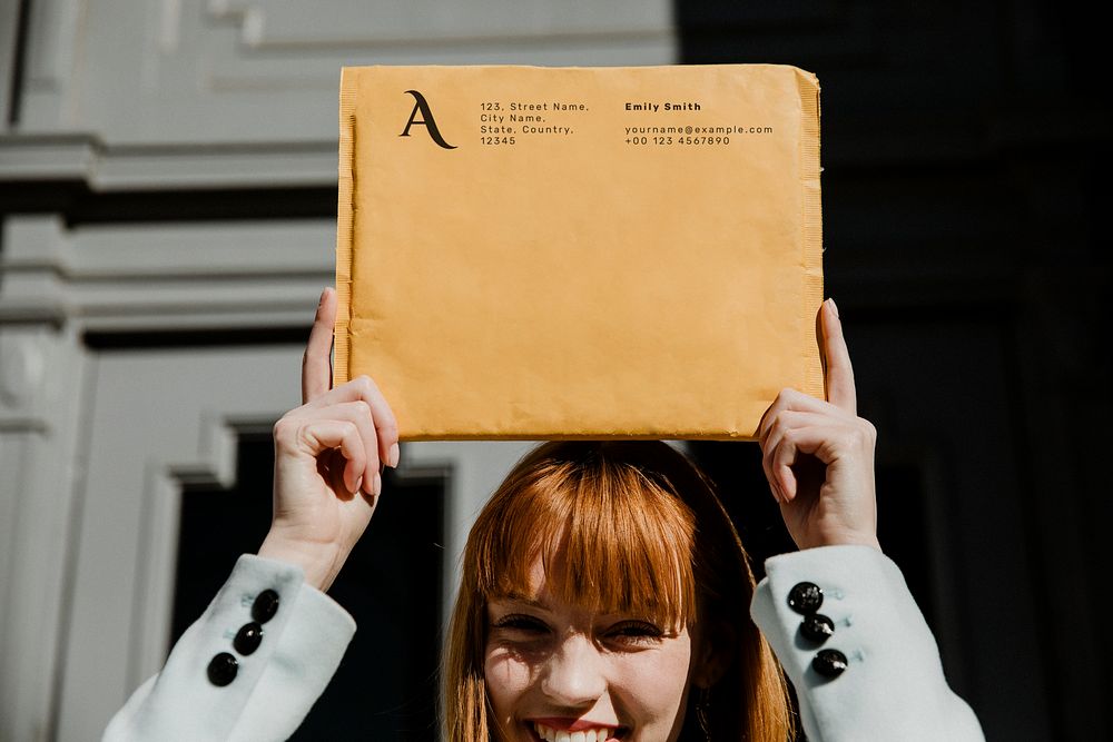 Woman holding a brown envelope mockup above her head