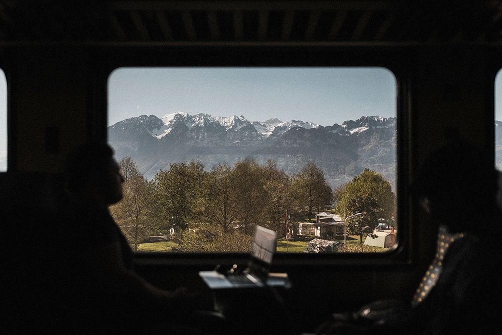 View of mountains through the train window