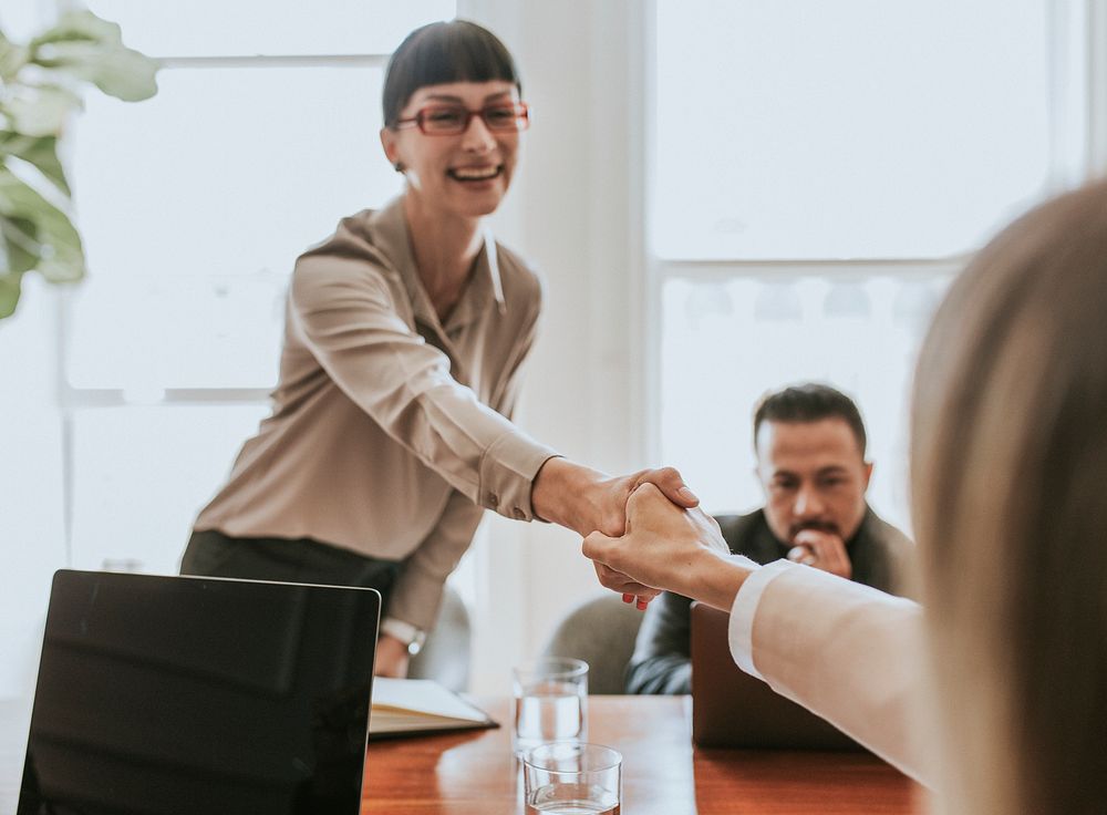 Happy diverse business people making a deal