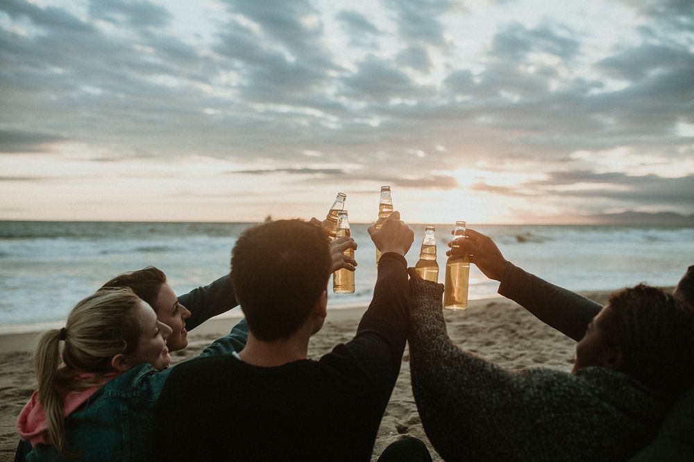 Happy friends toasting at the beach