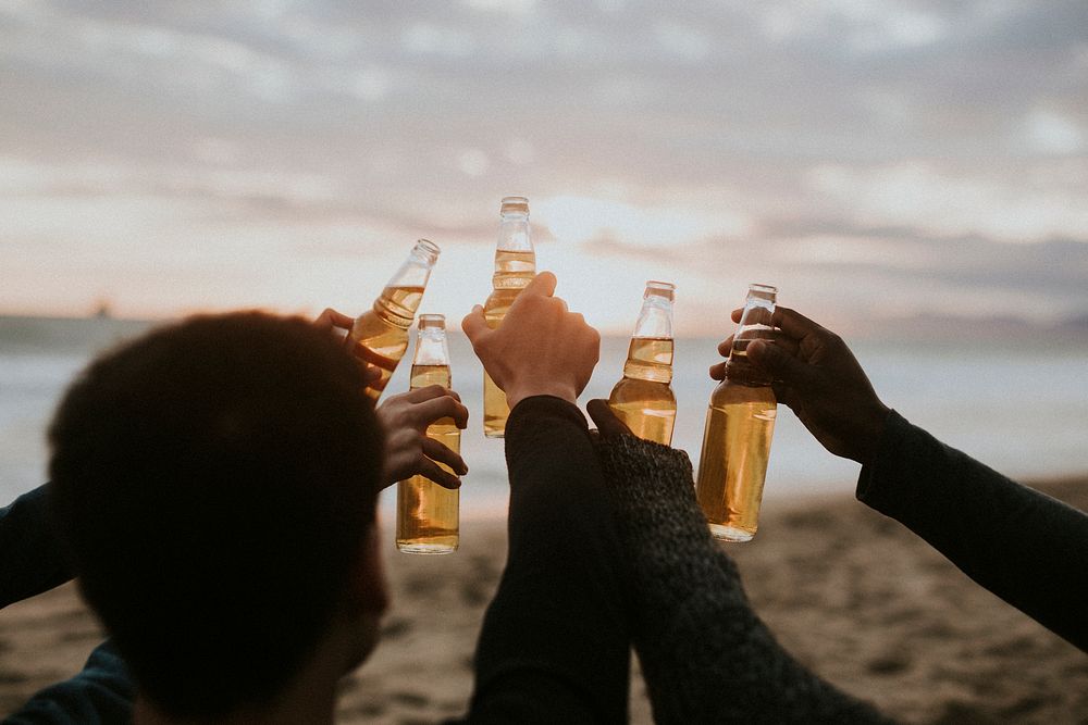 Happy friends toasting at the beach