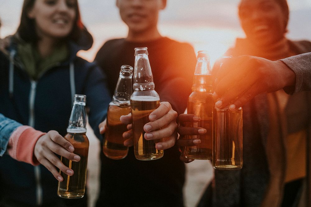 Happy friends toasting at the beach