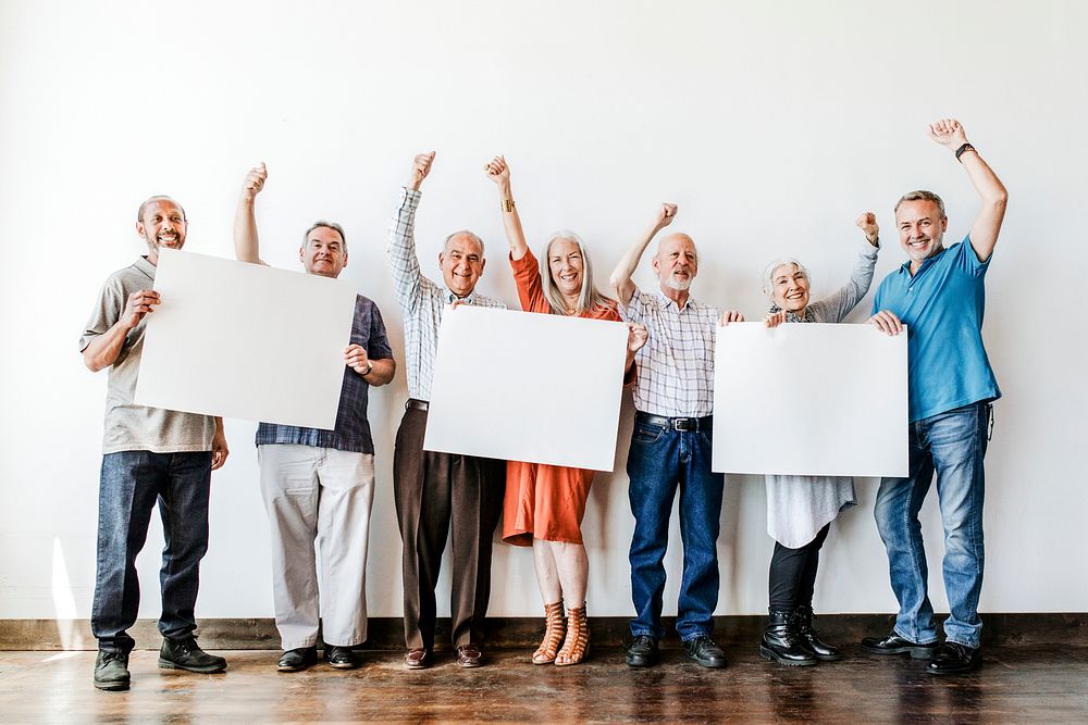 Elderly people holding blank posters mockup