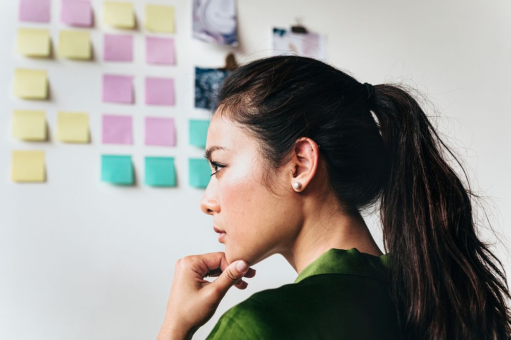 Woman brainstorming ideas on a wall