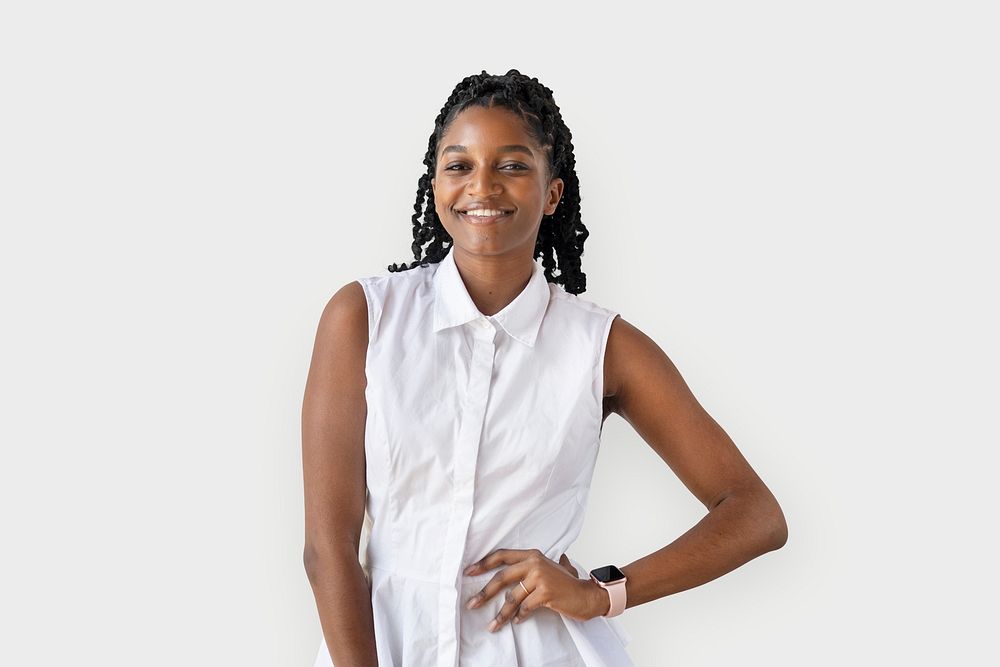 Portrait of a cheerful black lady on white background