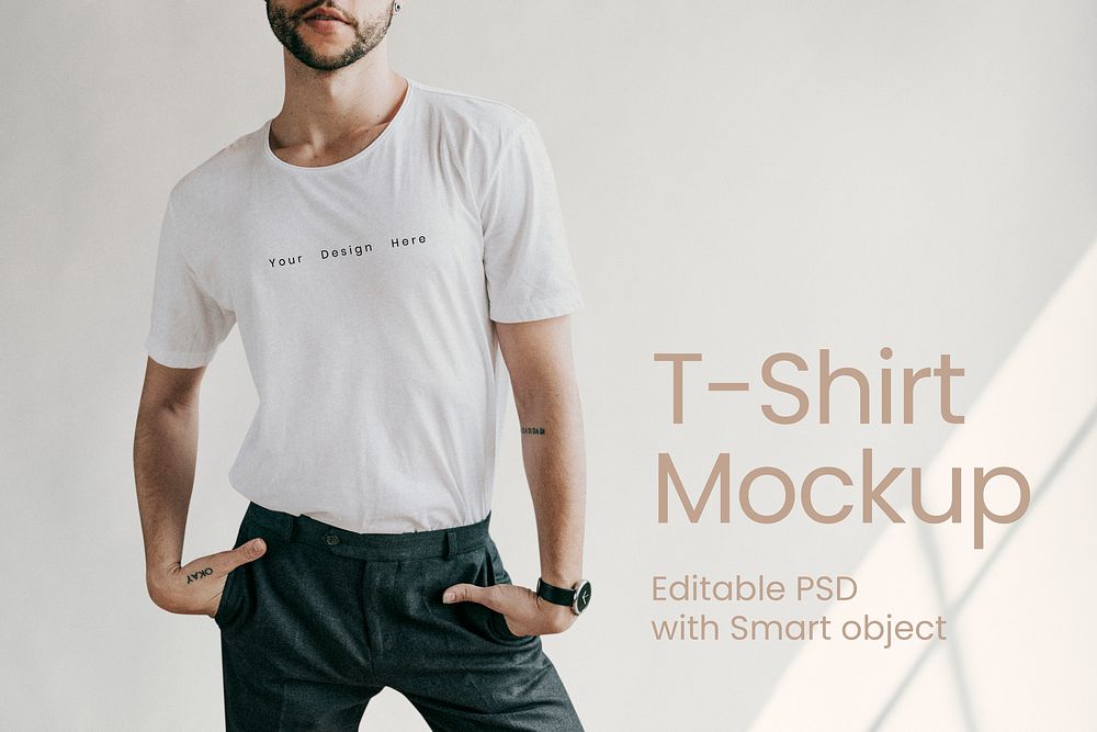 Bearded man in a white tee mockup