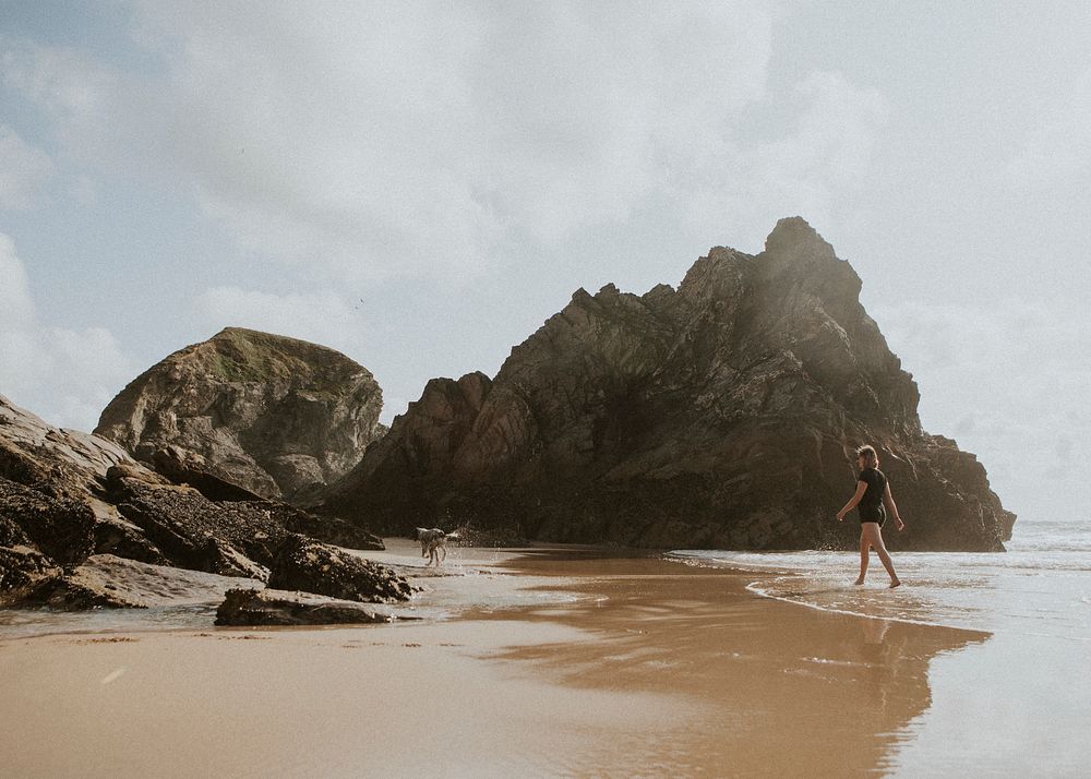 Woman and his dog playing at the beach