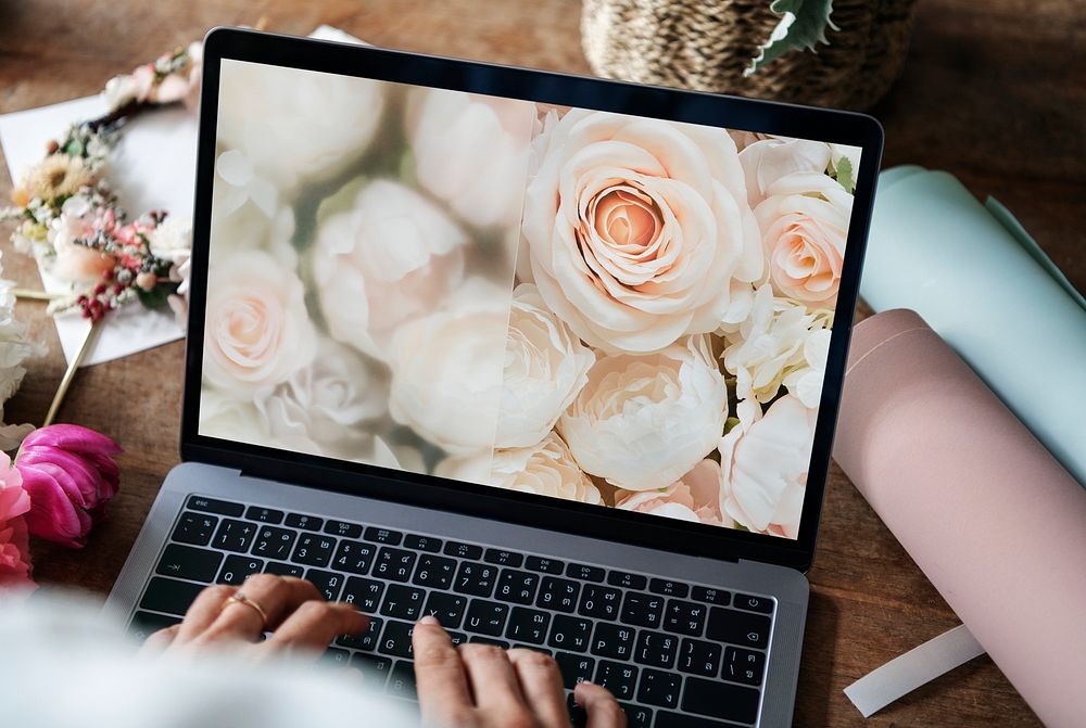 Florist using a floral laptop screen mockup