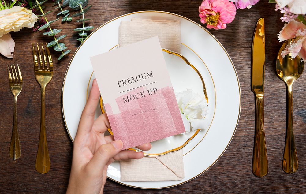 Invitation card mockup on a plate in a reception