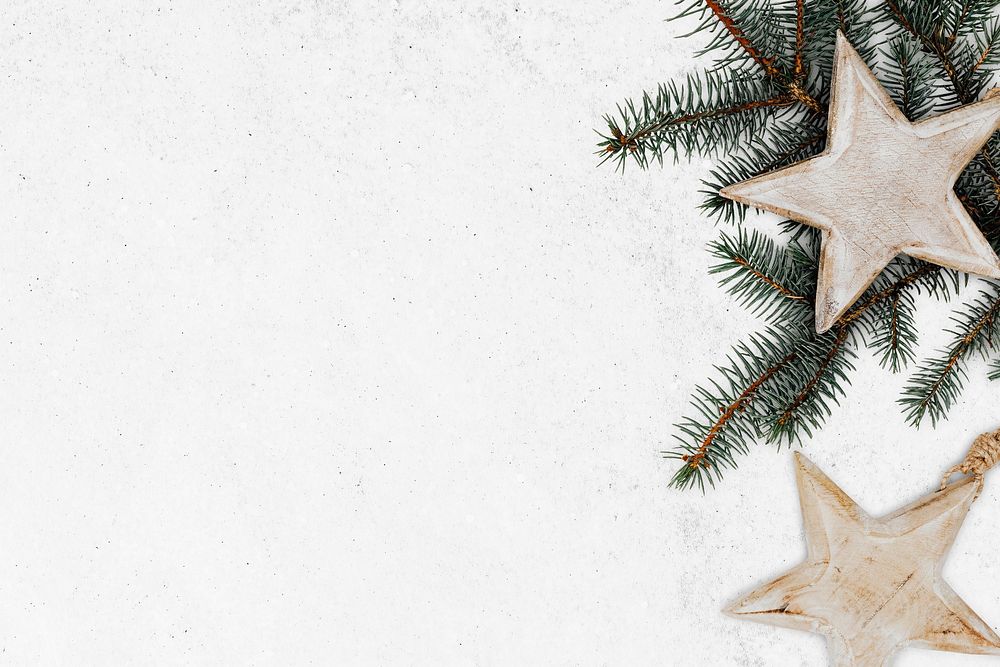 Wooden star ornament decorated pine tree background mockup