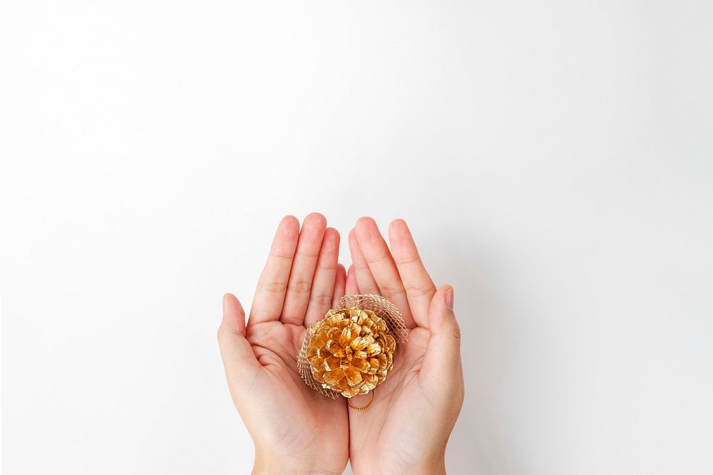 Woman holding a gold conifer cone on her palm