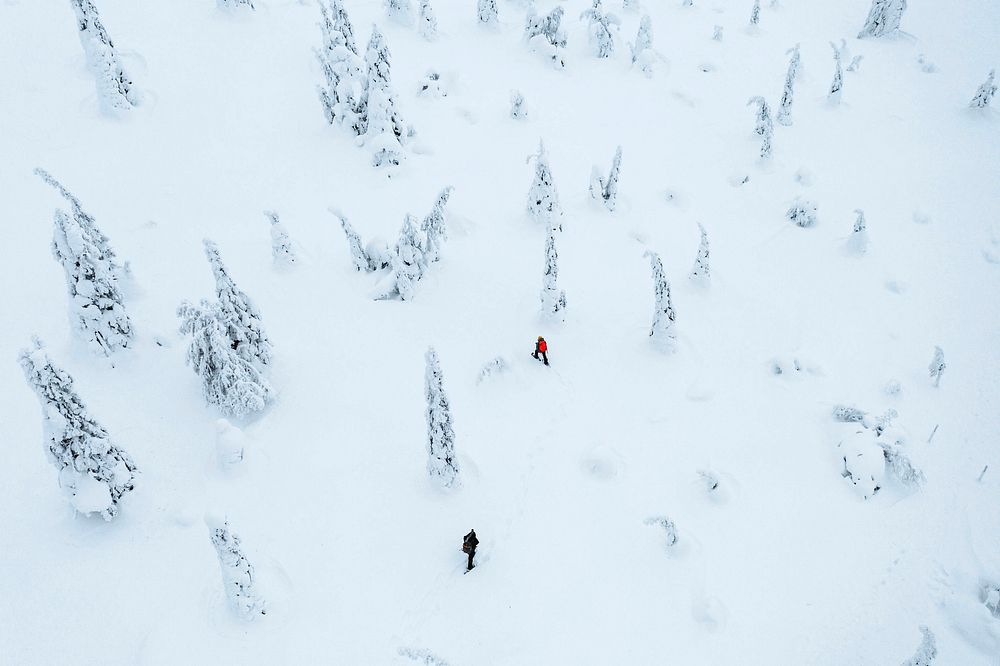 Drone shot of people trekking in a snowy forest in Lapland, Finland