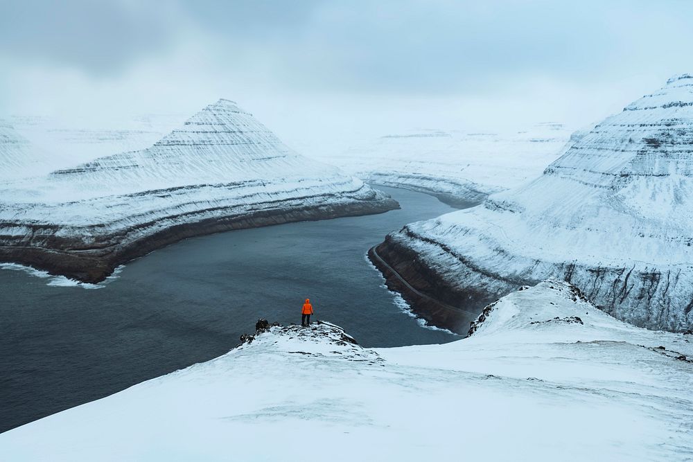 View of snowy Hvíthamar mountain in the Faroe Islands