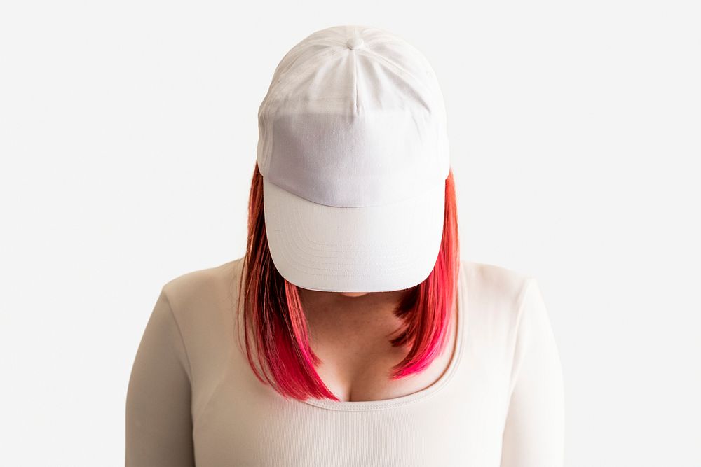 Pink hair woman in white cap