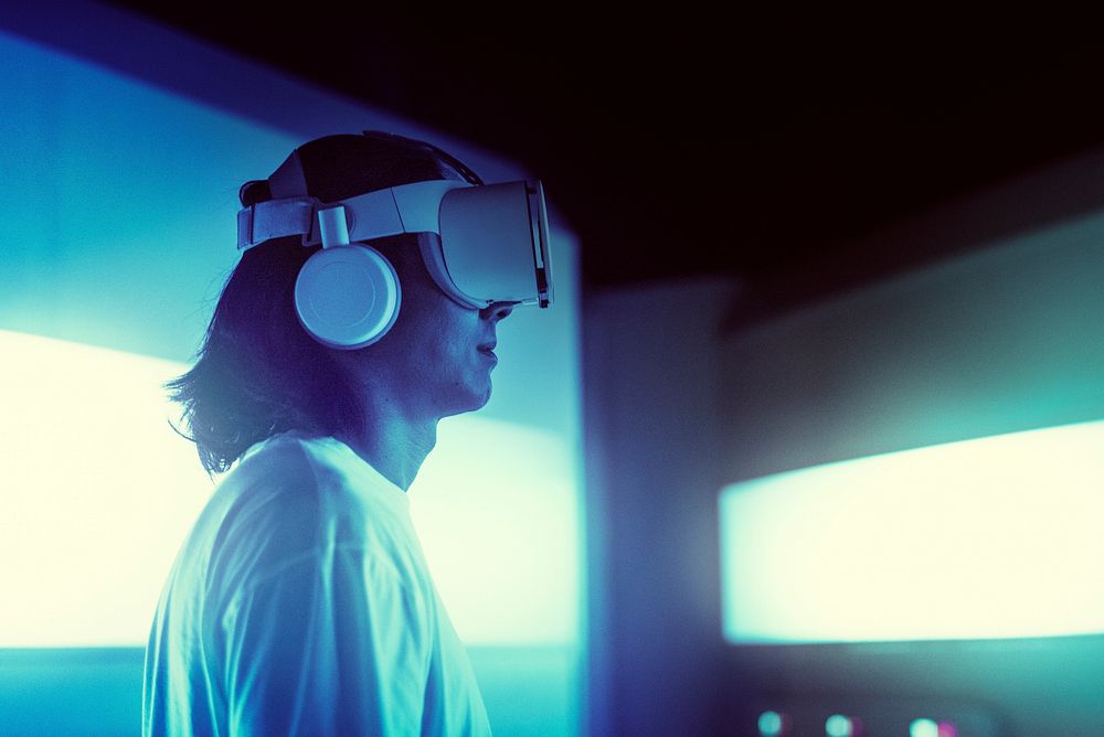 Man wearing VR headset in operational base
