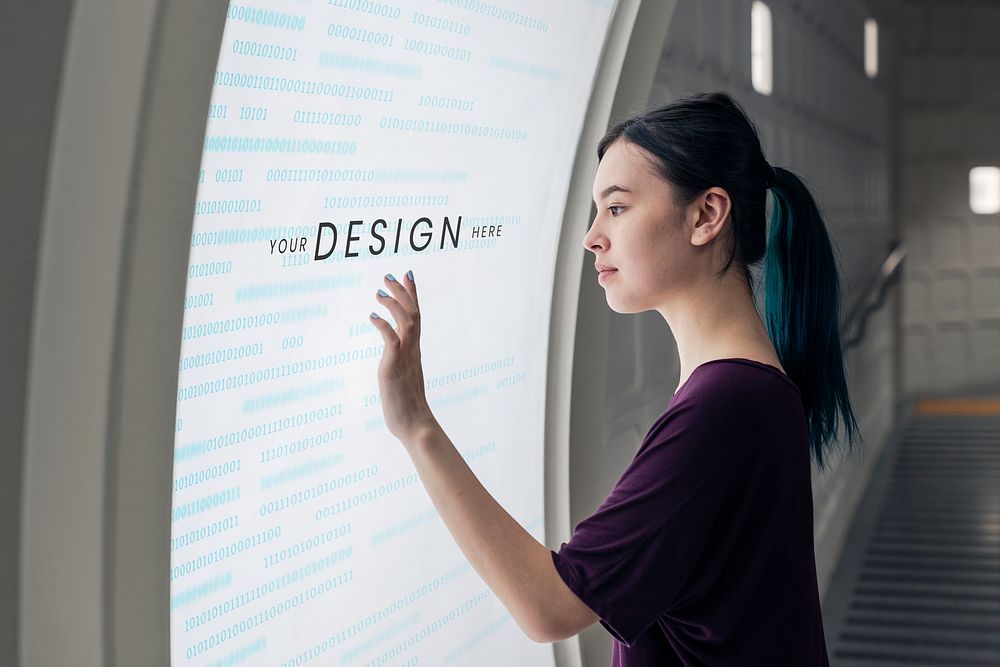 Large interactive screen mockup at a modern university building psd