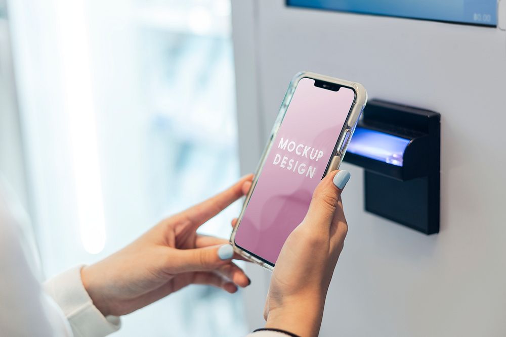 Smartphone screen mockup contactless payment and cardless atm by app psd