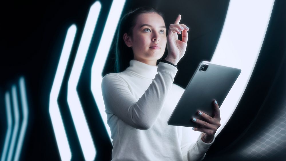 Girl pointing digital virtual screen futuristic technology