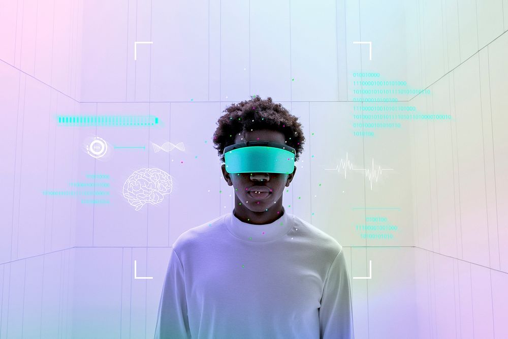 Man experiencing metaverse, smart glasses technology, hologram screen