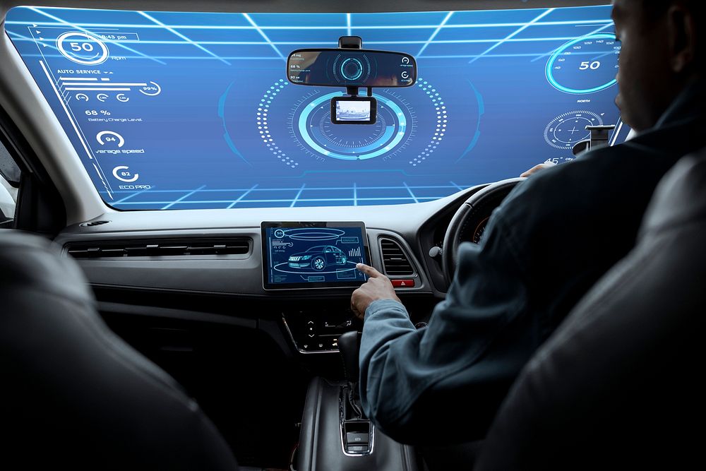 Interactive windshield mockup psd in self driving car