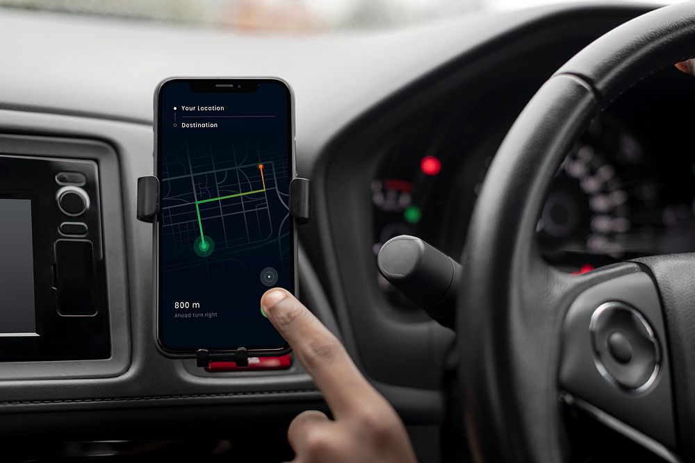 Phone screen mockup gps navigation system in the car psd