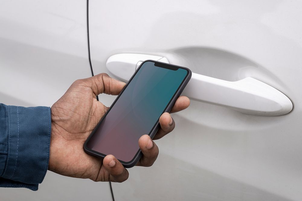 Phone screen mockup unlocking smart car by mobile app psd