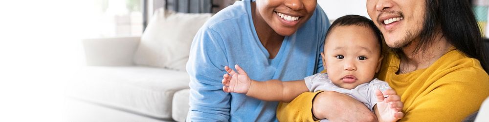 Happy diverse parents with son social media banner