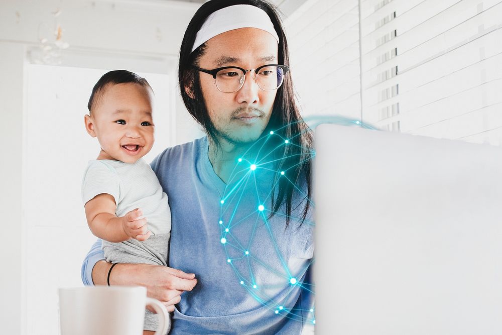 Father working from home with kid psd