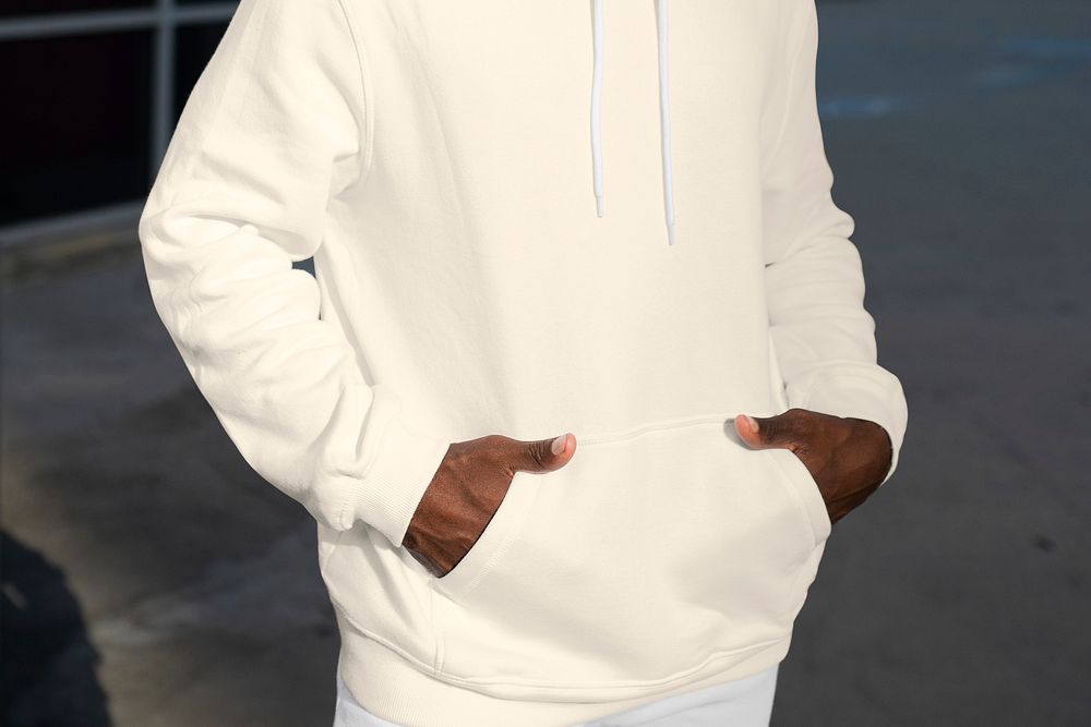 Man in beige hoodie street wear men&rsquo;s apparel closeup