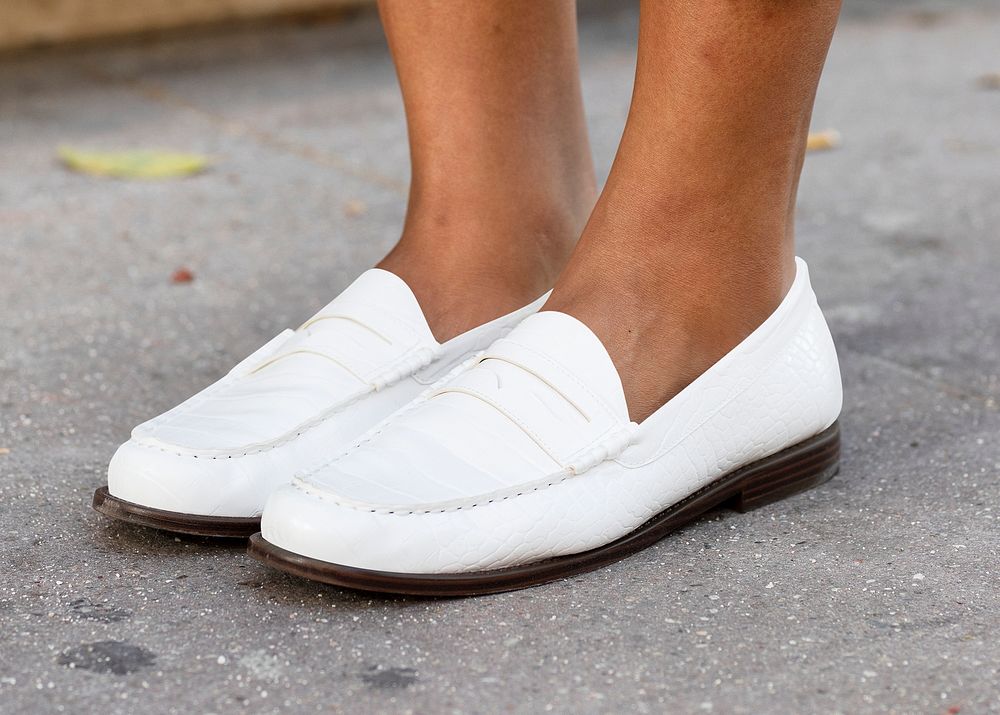White leather loafers mockup psd shoes women&rsquo;s fashion