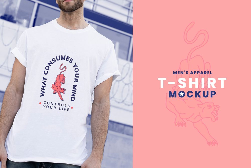 Printed white t-shirt mockup psd men&rsquo;s fashion what consumes your mind quote with tiger illustration