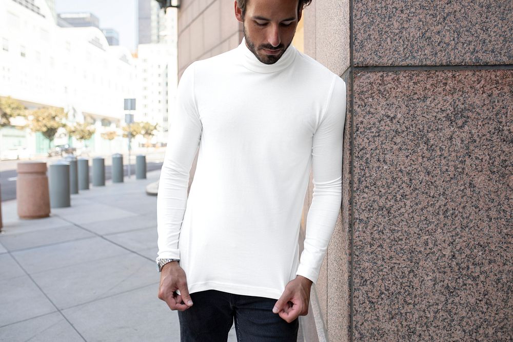 Simple white turtleneck mockup psd shirt street style men&rsquo;s fashion